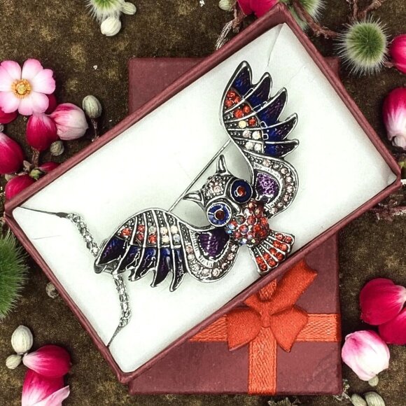 Colorful Owl Pin / Pendant Combo Necklace Rhinestone Enamel Jewelry Gift Boxed - Picture 1 of 8
